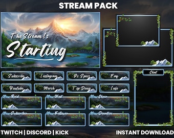 アニメーション Twitch ストリーム パック | 霧の山 | 森の湖の反射 | ウェブカメラ オーバーレイ | アニメーション スクリーン | Twitch パネル | アラート | チャット