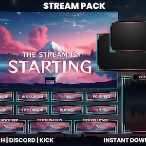 Animated Twitch Stream Pack | Twitch Screen Overlay | Lake Reflection | Pink Cloud Mountain | Webcam Overlay | Twitch Alerts | Discord |Kick