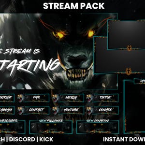 May include: A stream pack with a wolf graphic and text that says "STREAM PACK", "THE STREAM IS STARTING", "SUBSCRIBE", "FAQ", "MERCH", "TIKTOK", "INSTAGRAM", "CONTACT", "YOUTUBE", "DONATE", "NEW SUBSCRIBER", "NEW FOLLOWER", "NEW DONATION", "TWITCH | DISCORD | KICK", and "INSTANT DOWNLOAD".