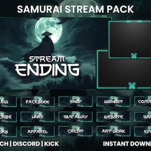 May include: A dark green and black stream ending screen with a samurai silhouette in front of a full moon. The text "STREAM ENDING" is written in white with a black outline. The screen includes buttons for follow, subscribe, collab, apparel, credit, art work, and event. The text "TWITCH | DISCORD | KICK" is written in white with a black outline. The text "INSTANT DOWNLOAD" is written in white with a black outline.