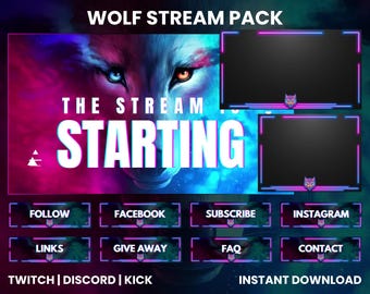 May include: A neon pink and blue wolf stream pack with the text "WOLF STREAM PACK", "THE STREAM STARTING", "FOLLOW", "FACEBOOK", "SUBSCRIBE", "INSTAGRAM", "LINKS", "GIVE AWAY", "FAQ", "CONTACT", "TWITCH | DISCORD | KICK", and "INSTANT DOWNLOAD".
