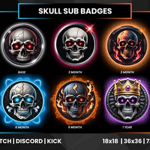 Insignias de Twitch de Spooky Skull / Insignias de bits de Twitch / Insignias de suscripción de Twitch / Insignias de King Skull / Insignias de Fire Skull / Recompensas de espectador / Discord / Kick