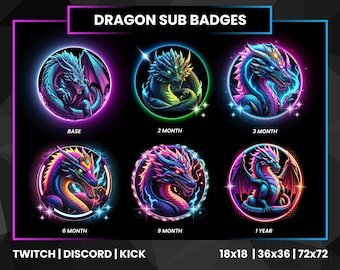 Dragon Sub-badges voor Twitch Discord Kick – Fantasy-abonneebadges voor loyaliteit | Kleurrijke stroompictogrammen