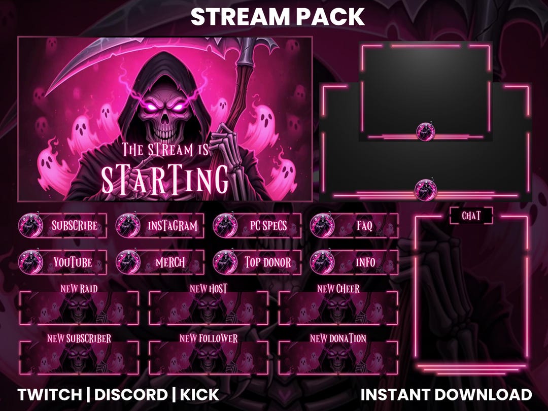 Pink Reaper Twitch Overlay Pack – Neon Grim Reaper Stream Pack | Gothic ...