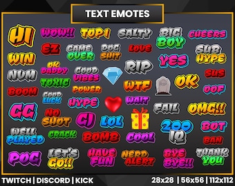 50 émoticônes textuelles | Émoticônes Twitch | Discorde | Coup de pied | Émoticônes néon colorées | Émoticône OMG | Emote hype | Émoticône RIP | Emote LOL | Émoticône d'amour