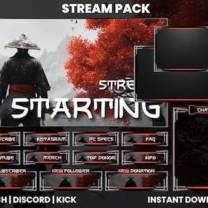 May include: A digital stream pack with a Japanese theme. The background features a samurai figure and red foliage. Includes overlay screens, chat box, and social media buttons. Text includes "STARTING", "SUBSCRIBE", and "INSTANT DOWNLOAD".