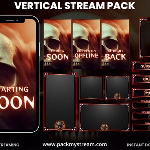 Può includere: Un pacchetto di streaming verticale a tema teschio. Il pacchetto include uno schermo di streaming mobile, schermate di sovrapposizione e pulsanti per chat, iscrizione, YouTube, Twitch, nuovo iscritto, nuovo follower e nuovo regalo. Il testo include "Starting Soon", "Ending Soon", "Currently Offline".