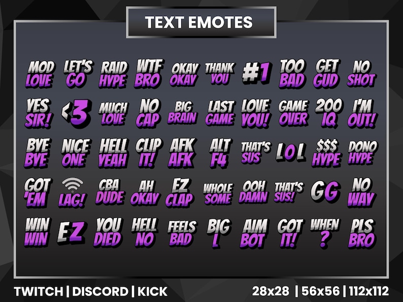 50 Text Emotes | Grey Purple Text Emotes | Twitch Emote | Discord ...