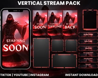 Dark Sorcerer Vertical Stream Pack | Starta offline BRB-skärmar | TikTok Twitch YouTube-överlägg | Red Magic Stream-paket