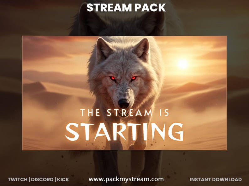 May include: Digital art featuring a fierce white wolf with red eyes against a desert backdrop. The text "THE STREAM IS STARTING" is prominently displayed. The image is labeled "STREAM PACK" and includes website and social media information.
