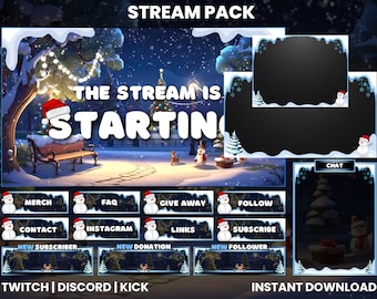 May include: A winter-themed Twitch stream pack with a snowy background, a Christmas tree, and a snowman. The pack includes a chat box, a webcam overlay, and several panels for different purposes, such as merch, FAQ, give away, follow, contact, Instagram, links, subscribe, new subscriber, new donation, and new follower. The text "STREAM PACK" is at the top of the image, and the text "THE STREAM IS STARTING" is in the center of the image. The text "TWITCH | DISCORD | KICK" is at the bottom of the image, and the text "INSTANT DOWNLOAD" is at the bottom right of the image.