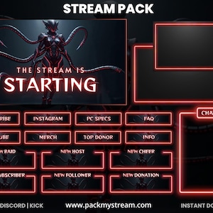 May include: A digital stream pack with a dark theme and red neon accents. The main graphic features a futuristic character with tentacles. Text includes "The Stream Is Starting" and various social media and streaming platform icons.