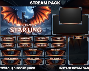 Pacchetto streaming Fire Dragon / Overlay streaming Twitch infuocato / Grafica streaming animata / Avvisi YouTube e Kick / Schermata iniziale del giocatore