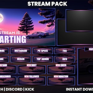 Retro Sunset Stream Overlay Pack for OBS Twitch Kick – Animated 80s Vaporwave Stream Screens, Panels, Alerts & Webcam for Streamlabs