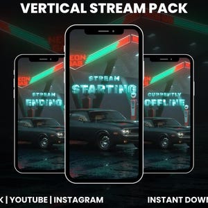 以下が含まれることがあります： 垂直ストリームパックのデザイン。3つのスマートフォンがストリーミング画面を表示しています。画面には、ネオンサインの下にクラシックカーが表示され、「Stream Starting」や「Stream Ending」などのテキストが表示されています。画像には「TIKTOK | YOUTUBE | INSTAGRAM」と「INSTANT DOWNLOAD」の文字が含まれています。