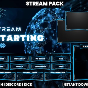 Puede incluir: Un paquete de transmisión de Twitch azul y negro con un diseño de globo digital. El paquete incluye una pantalla de inicio, un cuadro de chat y varios paneles para redes sociales, nuevos suscriptores y donaciones. El texto "STREAM PACK" y "INSTANT DOWNLOAD" es visible.