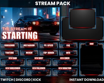 Racing Stream Overlay Pack for OBS Twitch Kick – Sports Car Stream Screens, Webcam Overlays, Panels & Alerts for Streamlabs