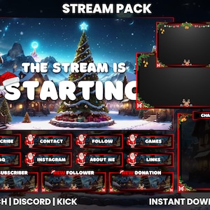 May include: A festive Christmas stream pack featuring a winter village scene, a decorated Christmas tree, and the text "THE STREAM IS STARTING." Includes buttons for subscribe, contact, and more. Available for instant download.
