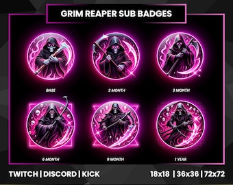 Magere Hein Sub-badges | Twitch-badges met donkere neon schedel en zeis | Horrorstreamer loyaliteitspictogrammen abonnee | Discord & Kick