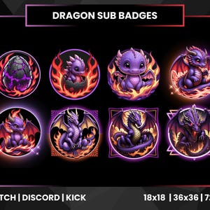 May include: A collection of eight dragon-themed sub badges in a variety of designs. Each badge features a purple dragon with fiery accents, set against a black background. The text "DRAGON SUB BADGES" is at the top.
