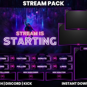 Könnte beinhalten: Ein violettes und schwarzes Twitch-Stream-Overlay mit einem neongelben 'STREAM IS STARTING'-Text, einem Spinnennetz-Design und verschiedenen Abschnitten für Chat, Spiele, Links und mehr.