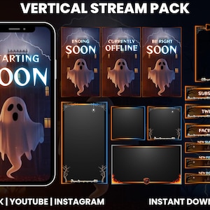May include: A digital Halloween-themed stream pack with a spooky ghost design. Includes overlays for "Starting Soon," "Ending Soon," and "Currently Offline." Features social media buttons and chat boxes. The pack is designed for TikTok, YouTube, and Instagram.
