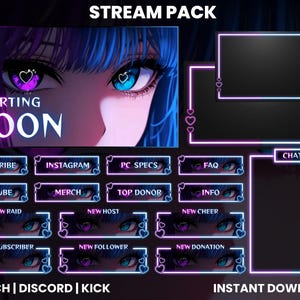 Puede incluir: Un paquete de transmisión digital con un tema de anime neón. El diseño presenta un primer plano de ojos de anime con tonos azules y morados, y una variedad de elementos de superposición, incluyendo cuadros de chat y botones de redes sociales. El texto "STARTING SOON" se muestra de forma destacada.