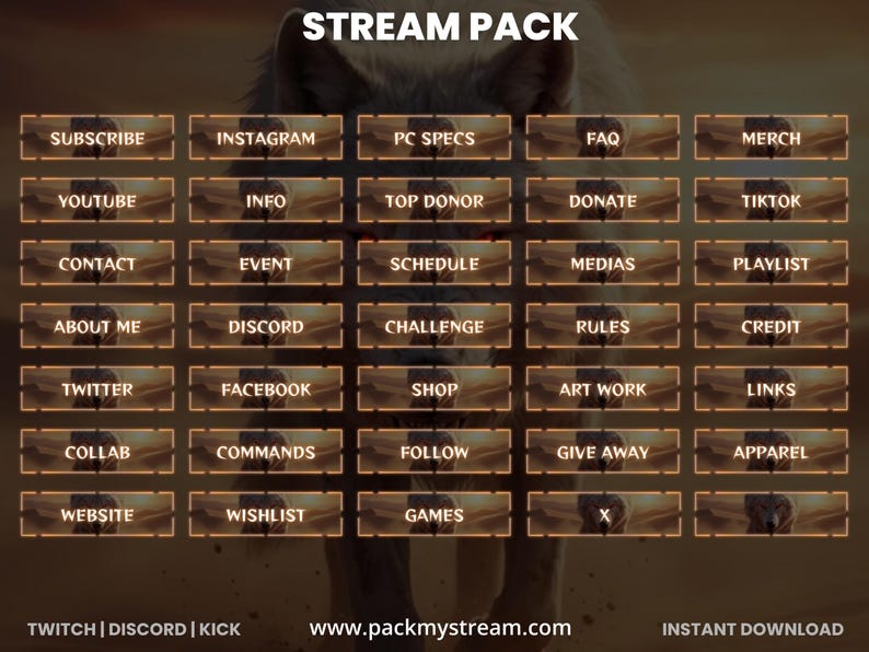 May include: A digital stream pack with various buttons for online content creators. The buttons include options for subscribing, social media links, and donation. The background features a wolf image and the text "STREAM PACK".