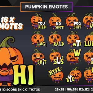 Op de afbeelding: Een digitale kunstafbeelding met 16 pompoen-thema emotes met verschillende uitdrukkingen en tekstballonnen. De emotes zijn oranje met groene stelen, dragen paarse outfits en bevatten zinnen als "YOU DIED!" en "GAME OVER."