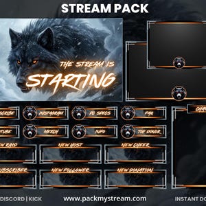 May include: A digital stream pack with a wolf theme. The pack includes a banner with a wolf illustration and the text "The Stream is Starting". Also included are various overlay elements for Twitch, Discord, and Kick, such as subscriber alerts and chat boxes.