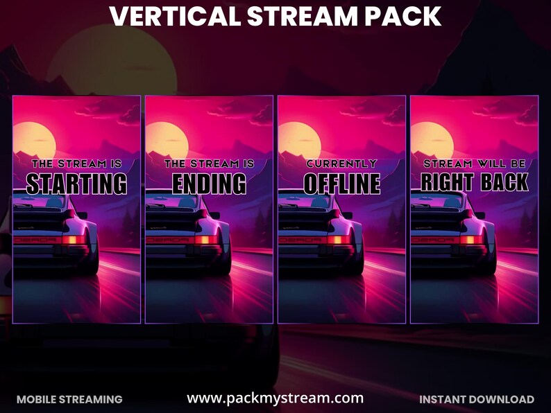 Retro Neon Car Stream Overlay Vertical Pack, Synthwave Twitch Overlay ...