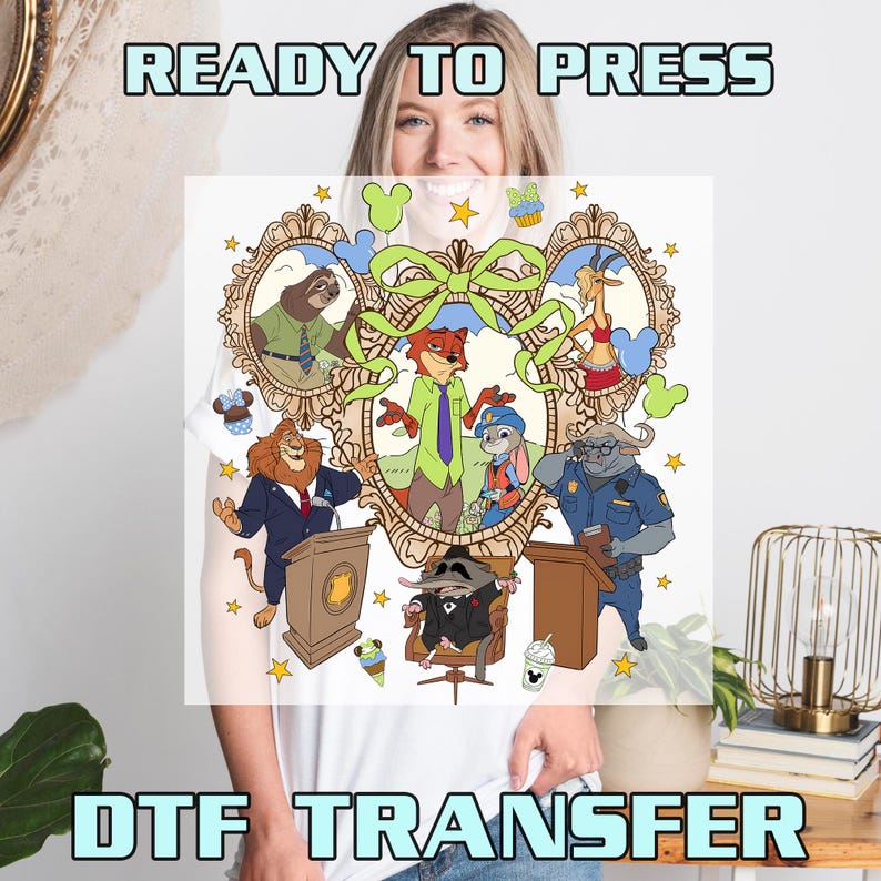 May include: White t-shirt with a colorful DTF transfer featuring cartoon characters in a decorative frame. The words "READY TO PRESS" and "DTF TRANSFER" are printed in a light blue font.