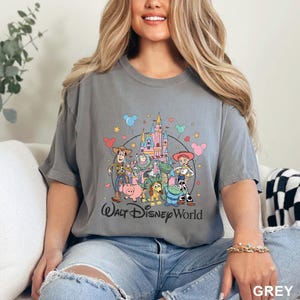 May include: Grey t-shirt featuring a colorful graphic of Toy Story characters and a castle, with the text "Walt Disney World". The design includes Woody, Buzz Lightyear, and other characters from the movie.