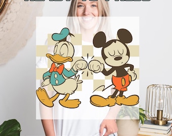 Retro Checkered Mickey and Donald Duck Fist Bump Heat Press Transfer, DTF Transfers, Ready to Press, Direct to Film, 082915