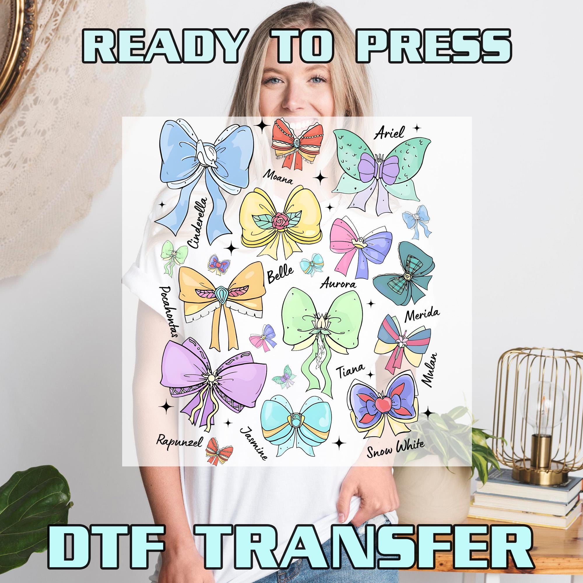Disney Princess Cute Ribbons and Bows Heat Press Transfer, Disney DTF ...