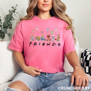 May include: A pink t-shirt with the word "FRIENDS" in black, featuring cartoon characters and Mickey Mouse-shaped balloons. The shirt is a solid color and has short sleeves.