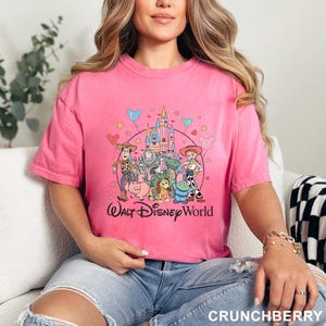 May include: A pink t-shirt featuring a graphic of characters from the Disney movie Toy Story, including Woody, Buzz Lightyear, and Jessie, in front of a castle. The words "Walt Disney World" are printed below the graphic.