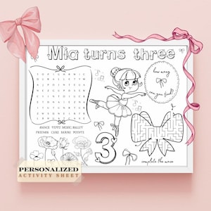 Ballerina Personalized Activity Sheet | Party Favor | Ballet Theme Kids Activity Sheet | Ballerina Personalized Party Placemat