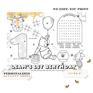 Personalized Winnie the Pooh Party Activity Sheet | Party Favor | Pooh Theme Kids Activity Sheet | Hunny Personalized Party Placemat