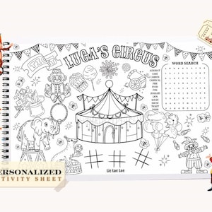 Hoja de actividades de tema de circo personalizada / Página para colorear de fiesta de carnaval para niños imprimible / Favor de fiesta de circo / Favor de fiesta de cumpleaños