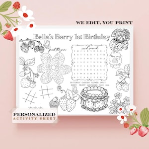 Strawberry Activity Sheet | Party Favor | Berry First Birthday Activity Sheet | Strawberry Personalized Party Placemat