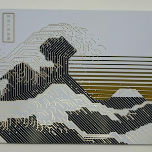 May include: A white card with a black and gold design of a wave. The text "神奈川沖浪裏" is printed in the top left corner of the card.