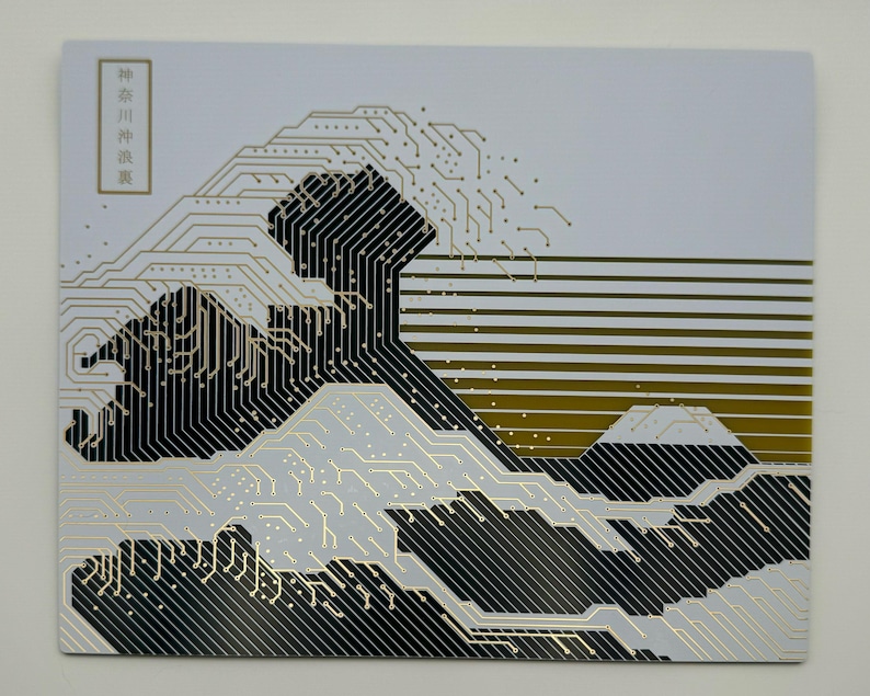 May include: A white card with a black and gold design of a wave. The text "神奈川沖浪裏" is printed in the top left corner of the card.