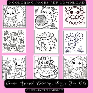 Kawaii Animal 9 Coloring Pages for Adults |  Relaxing and Adorable Designs  | Cozy Coloring Pages for Kids | Aesthetic and Festive Coloring