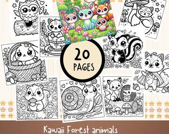 Kawaii Forest Animals Coloring Pages, 20 Bold Simple Sheets (Digital Download)