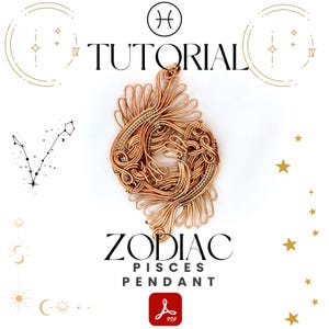 May include: A copper-toned wire-wrapped Pisces zodiac pendant. The pendant depicts two fish swimming in opposite directions. The image includes the word "TUTORIAL" and "ZODIAC PISCES PENDANT" with a PDF icon.