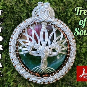May include: A silver wire wrapped pendant featuring a tree of life design with a multi-colored agate stone in the center. The pendant is surrounded by a copper wire braid. The image includes the text "Tree of Soul" and a PDF icon.