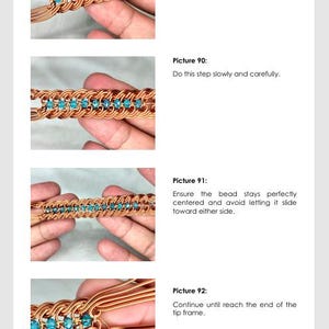 May include: Close-up images of a copper wire jewelry project in progress, featuring turquoise beads. Instructions include binding connections and centering beads. Text includes "Picture 89", "Picture 90", "Picture 91", and "Picture 92".