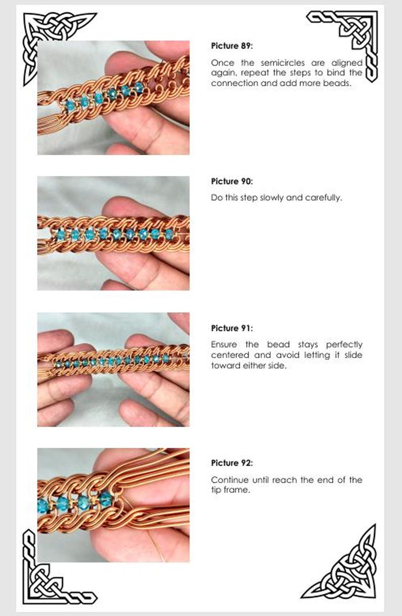May include: Close-up images of a copper wire jewelry project in progress, featuring turquoise beads. Instructions include binding connections and centering beads. Text includes "Picture 89", "Picture 90", "Picture 91", and "Picture 92".