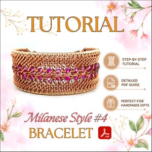 May include: A wire-woven bracelet featuring a central row of vibrant magenta beads encased in copper-colored metal wire. The text reads TUTORIAL, Milanese Style #4 BRACELET, STEP-BY-STEP TUTORIAL, DETAILED PDF GUIDE, and includes a PDF icon.